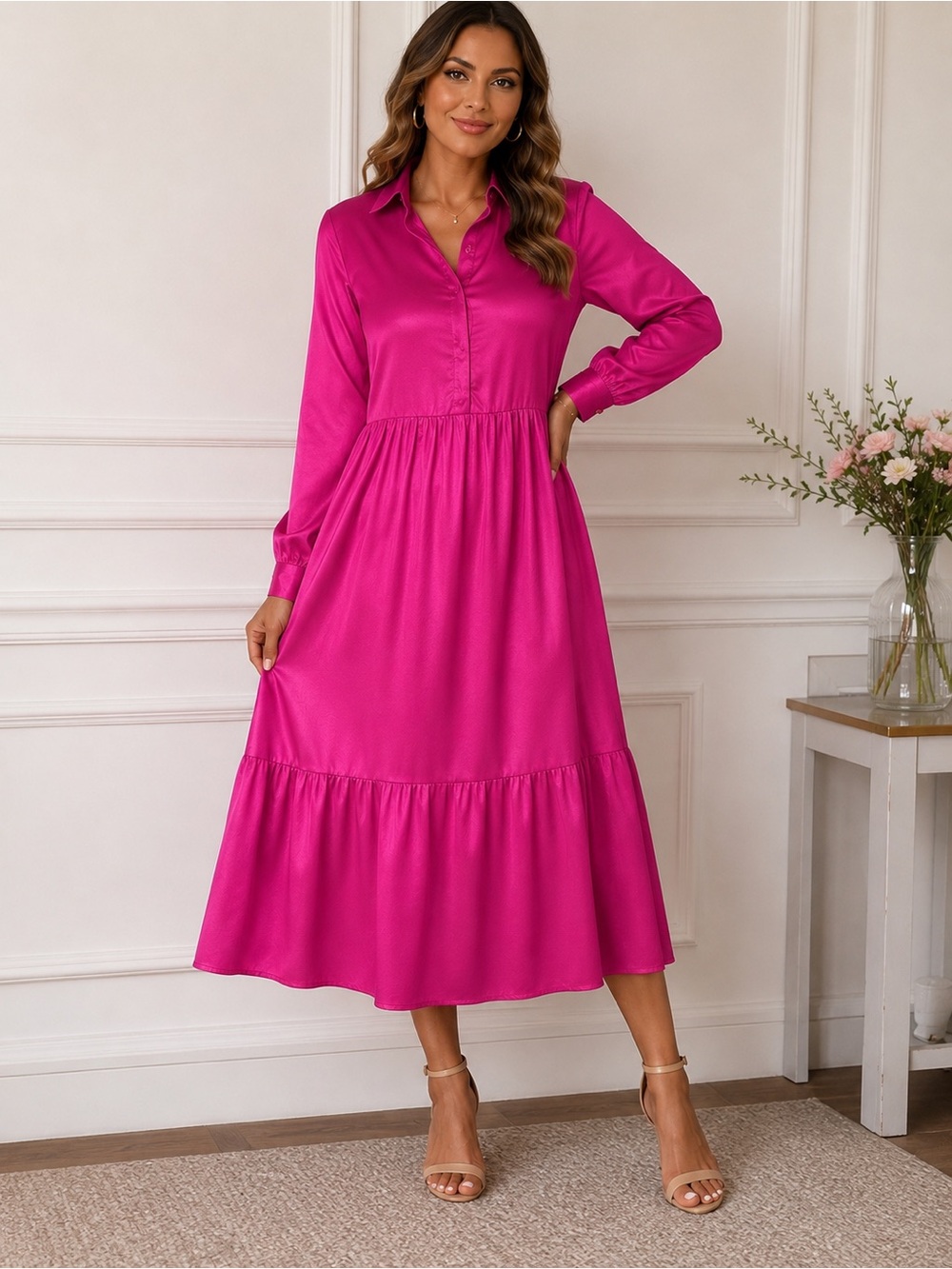Taylor Fuchsia Long Sleeve Midi Shirt Dress